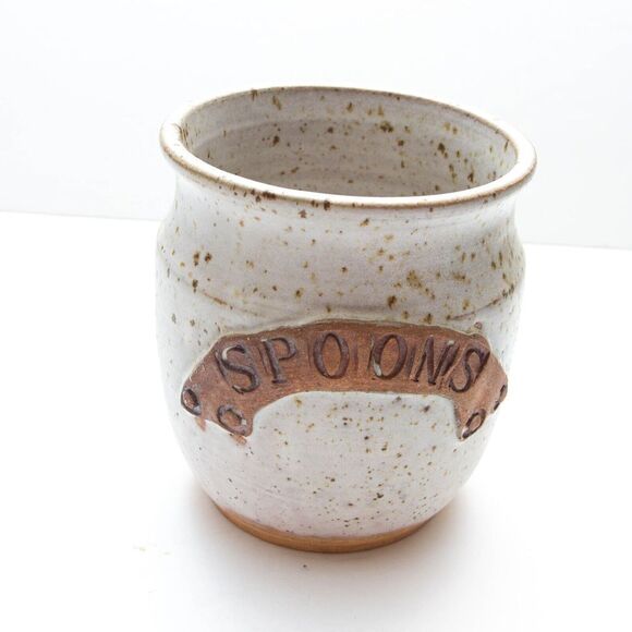 Stoneware Speckled Studio Art pottery Studio Spoon Dish Jar Holder Signed Fry 6" - Picture 2 of 7